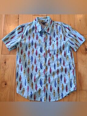 EDDIE BAUER KIDS SHORT SLEEVE BUTTON DOWN FISHING LURE SHIRT Size Small